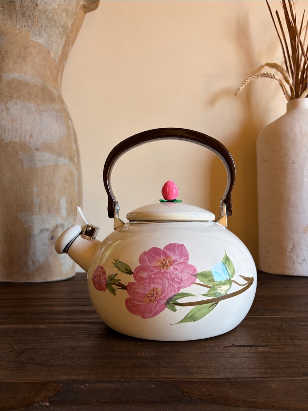 Vtg Desert Rose Enamel Stovetop Whistling Tea Kettle Cottagecore